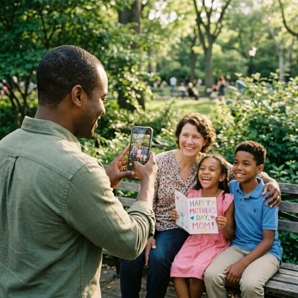 Woman taking photo of family with Mother's Day card in park